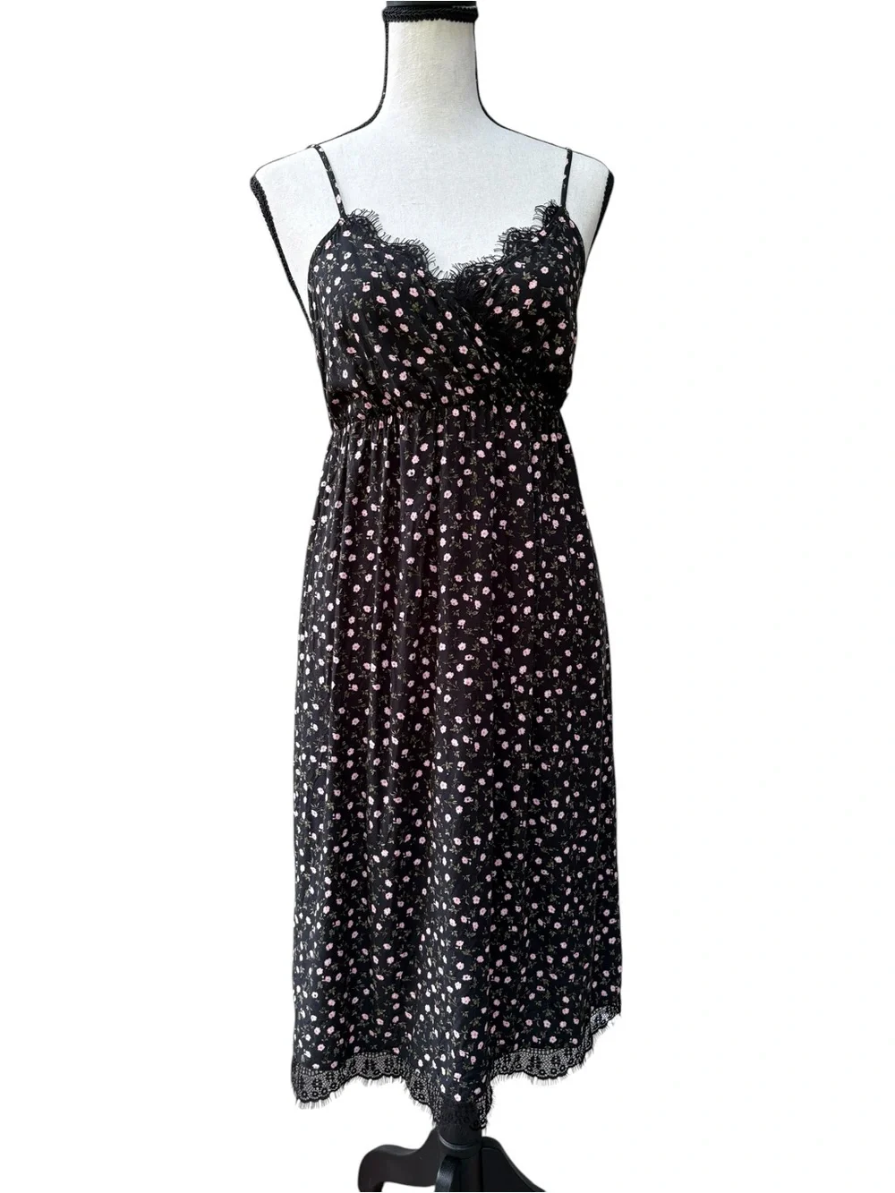 Old Navy Black Floral Lace-Trim Chemise with Pink Print